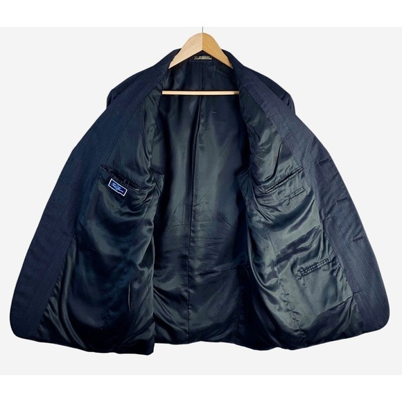 Tom James Wool 2PC Suit Mens 44L Pleated Cuff Pants 38x33 Gray Purple Stripe - Picture 5 of 16